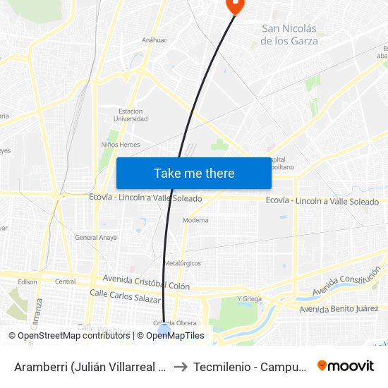Aramberri (Julián Villarreal - Héroes Del 47) to Tecmilenio - Campus San Nicolás map