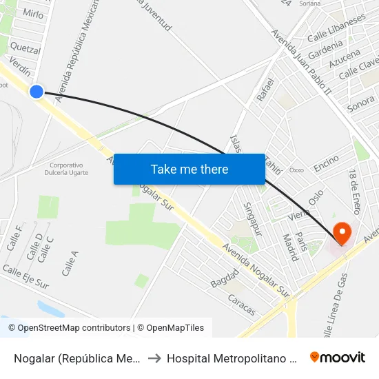 Nogalar (República Mexicana - San Nicolás) to Hospital Metropolitano Dr. Bernardo Sepulveda map