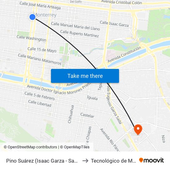 Pino Suárez (Isaac Garza - Santiago Tapia) to Tecnológico de Monterrey map