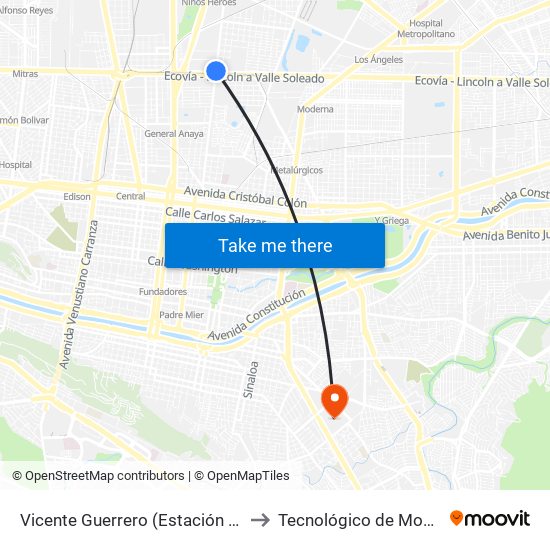 Vicente Guerrero (Estación Asarco) to Tecnológico de Monterrey map