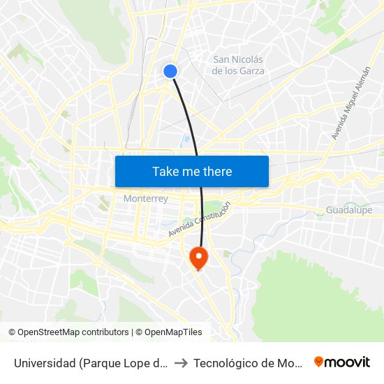 Universidad (Parque Lope de Vega) to Tecnológico de Monterrey map