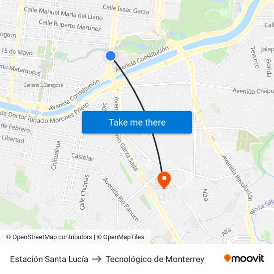 Estación Santa Lucía to Tecnológico de Monterrey map