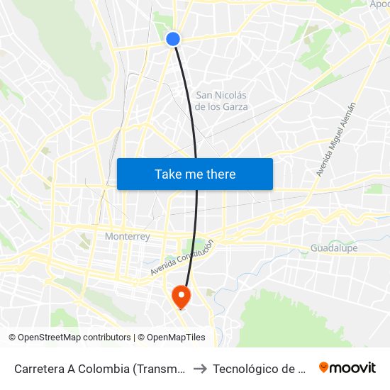 Carretera A Colombia (Transmetro Miravista) to Tecnológico de Monterrey map