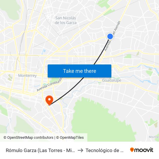 Rómulo Garza (Las Torres - Miguel Alemán) to Tecnológico de Monterrey map