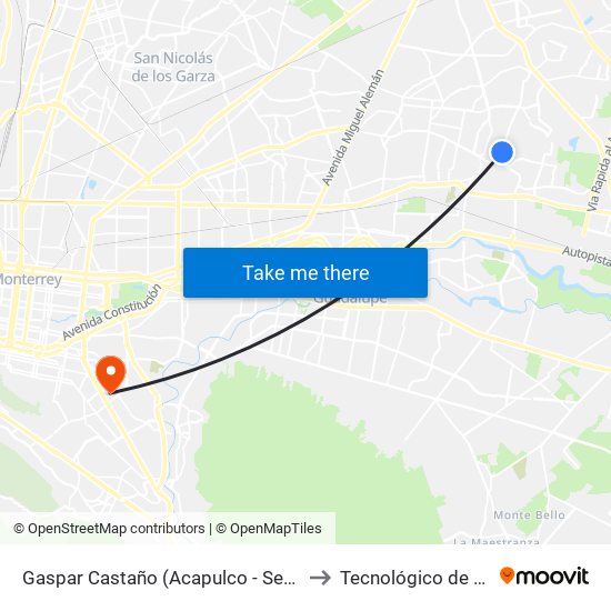 Gaspar Castaño (Acapulco - Segunda Del Nogal) to Tecnológico de Monterrey map