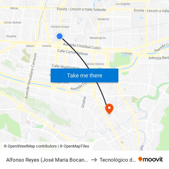 Alfonso Reyes (José María Bocanegra - Guadalupe Victoria) to Tecnológico de Monterrey map