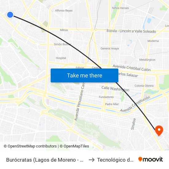 Burócratas (Lagos de Moreno - Paseo de La Montaña) to Tecnológico de Monterrey map
