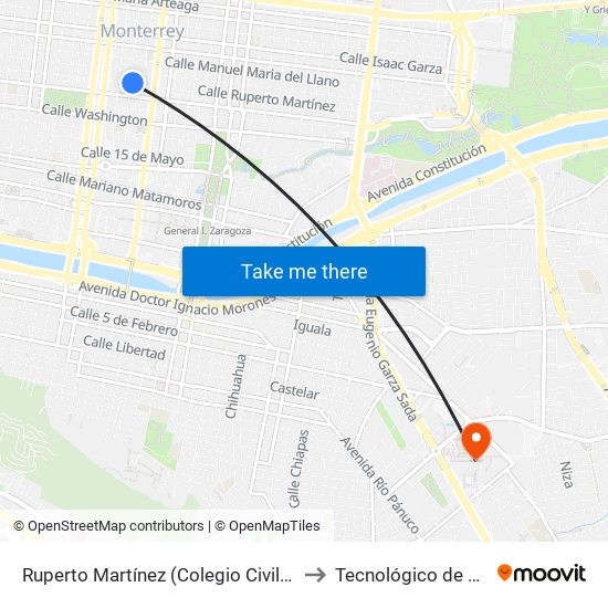 Ruperto Martínez (Colegio Civil - Juan Méndez) to Tecnológico de Monterrey map