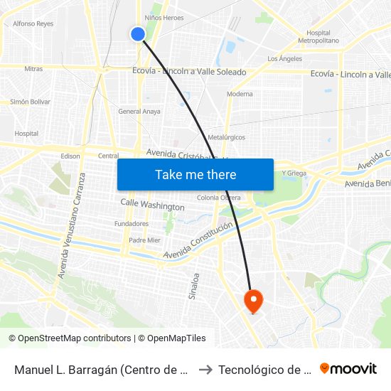 Manuel L. Barragán (Centro de Alto Rendimiento) to Tecnológico de Monterrey map