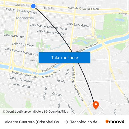 Vicente Guerrero (Cristóbal Colón - Reforma) to Tecnológico de Monterrey map