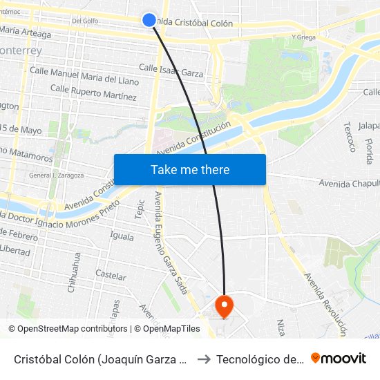 Cristóbal Colón (Joaquín Garza Leal - Héroes Del 47) to Tecnológico de Monterrey map