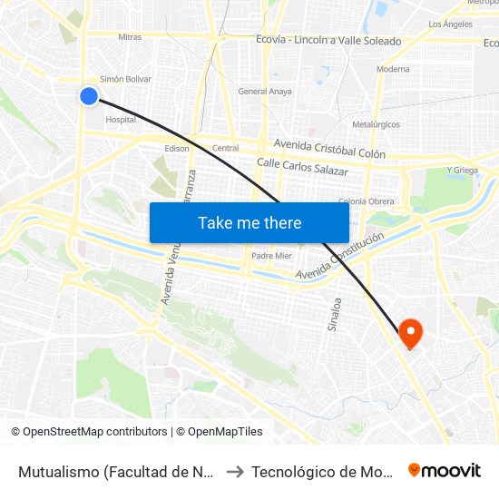 Mutualismo (Facultad de Nutrición) to Tecnológico de Monterrey map