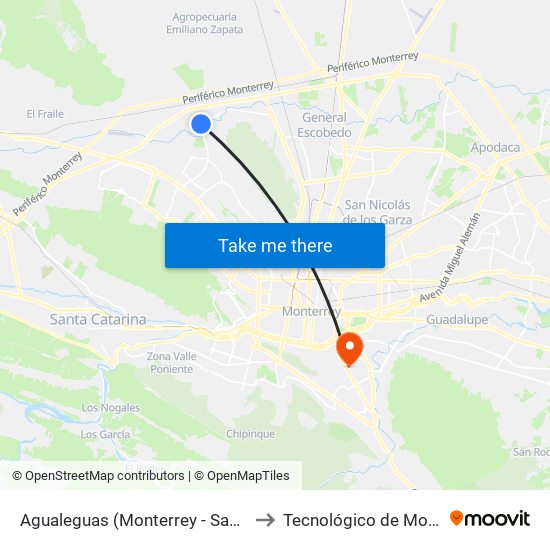 Agualeguas (Monterrey - San Nicolás) to Tecnológico de Monterrey map