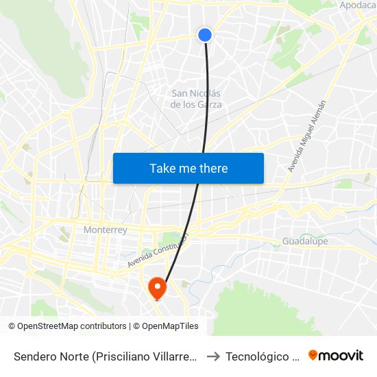 Sendero Norte (Prisciliano Villarreal Dávila - Félix Cantú Lozano) to Tecnológico de Monterrey map