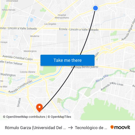 Rómulo Garza (Universidad Del Valle de México) to Tecnológico de Monterrey map