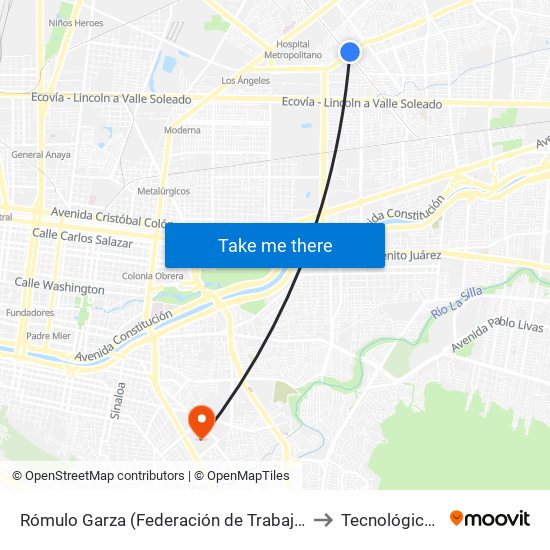 Rómulo Garza (Federación de Trabajadores de Nuevo León - Juan Pablo II) to Tecnológico de Monterrey map