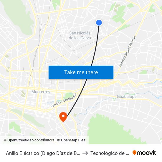 Anillo Eléctrico (Diego Díaz de Berlanga - Aceros) to Tecnológico de Monterrey map