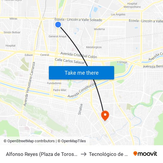 Alfonso Reyes (Plaza de Toros de Monterrey) to Tecnológico de Monterrey map