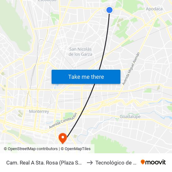 Cam. Real A Sta. Rosa (Plaza Sendero Apodaca) to Tecnológico de Monterrey map