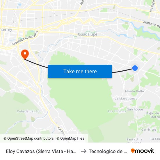 Eloy Cavazos (Sierra Vista - Hacienda San José) to Tecnológico de Monterrey map