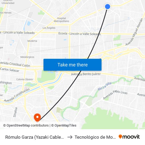 Rómulo Garza (Yazaki Cables Oriente) to Tecnológico de Monterrey map