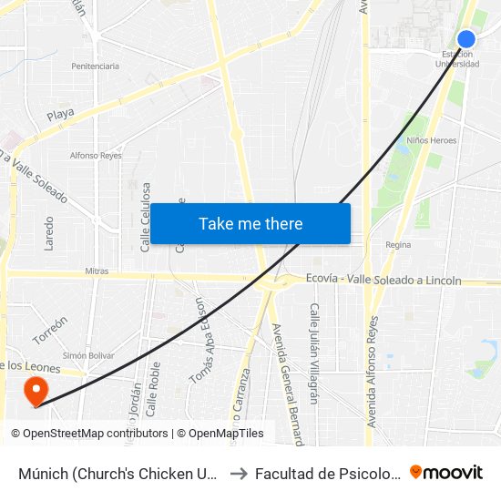 Múnich (Church's Chicken Universidad) to Facultad de Psicología Uanl map