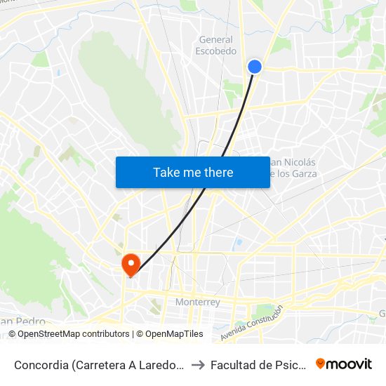 Concordia (Carretera A Laredo - Francisco Villa) to Facultad de Psicología Uanl map