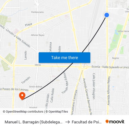 Manuel L. Barragán (Subdelegación No. 2 Del Imss) to Facultad de Psicología Uanl map