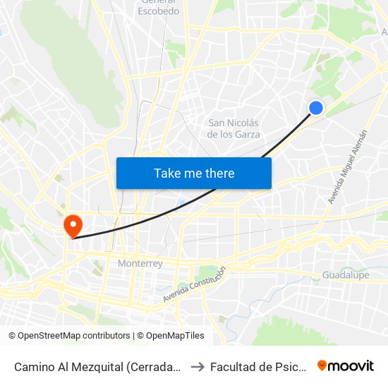 Camino Al Mezquital (Cerradas de Santa Rosa) to Facultad de Psicología Uanl map