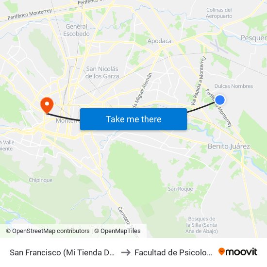 San Francisco (Mi Tienda Del Ahorro) to Facultad de Psicología Uanl map