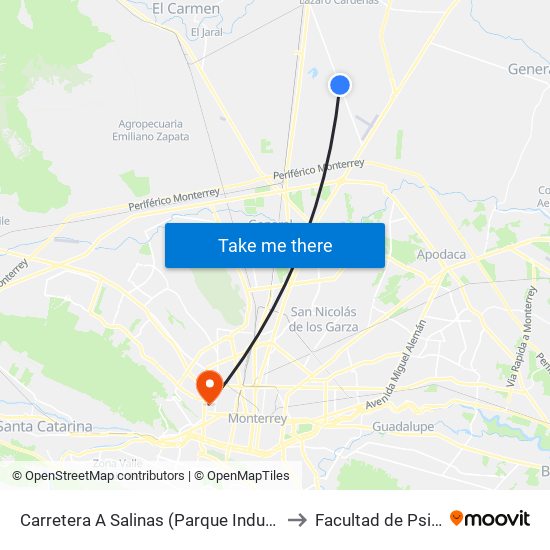 Carretera A Salinas (Parque Industrial Dinamo Del Norte) to Facultad de Psicología Uanl map