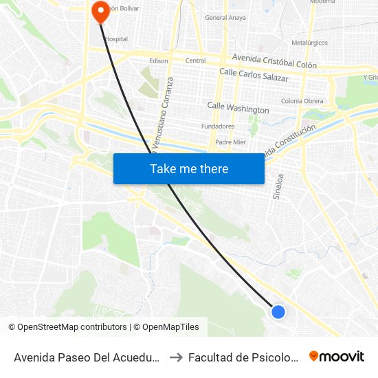 Avenida Paseo Del Acueducto, 2610 to Facultad de Psicología Uanl map