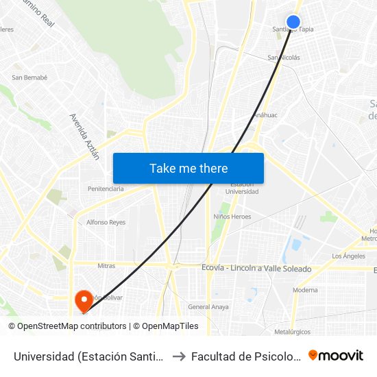 Universidad (Estación Santiago Tapia) to Facultad de Psicología Uanl map