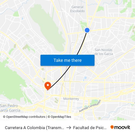 Carretera A Colombia (Transmetro Monterreal) to Facultad de Psicología Uanl map