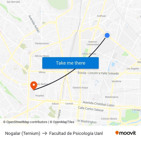 Nogalar (Ternium) to Facultad de Psicología Uanl map