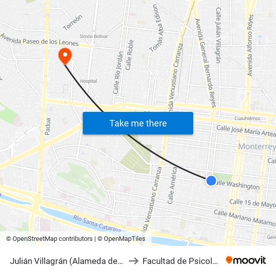 Julián Villagrán (Alameda de Monterrey) to Facultad de Psicología Uanl map