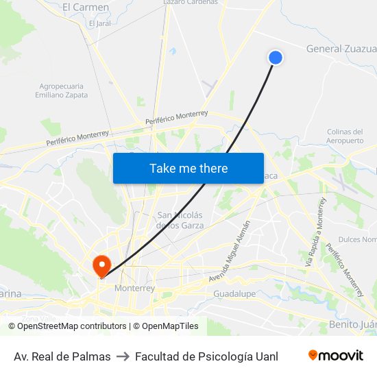 Av. Real de Palmas to Facultad de Psicología Uanl map
