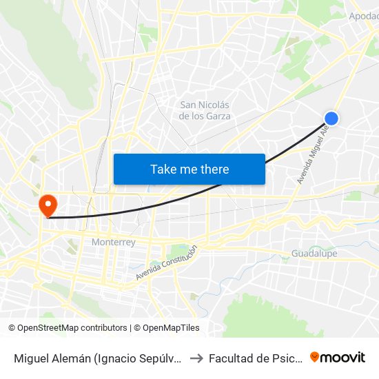 Miguel Alemán (Ignacio Sepúlveda - Encarnación) to Facultad de Psicología Uanl map