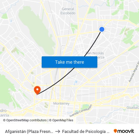 Afganistán (Plaza Fresnos) to Facultad de Psicología Uanl map