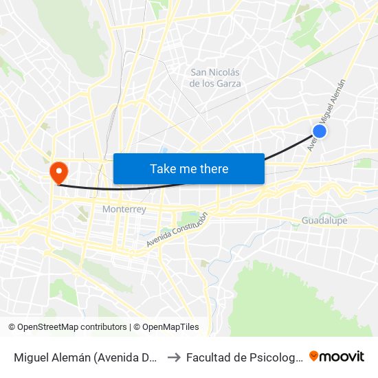 Miguel Alemán (Avenida Del Altillo) to Facultad de Psicología Uanl map