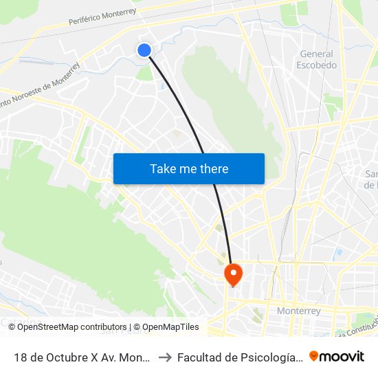 18 de Octubre X Av. Monterrey to Facultad de Psicología Uanl map