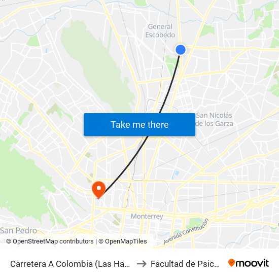 Carretera A Colombia (Las Hadas Residencial) to Facultad de Psicología Uanl map