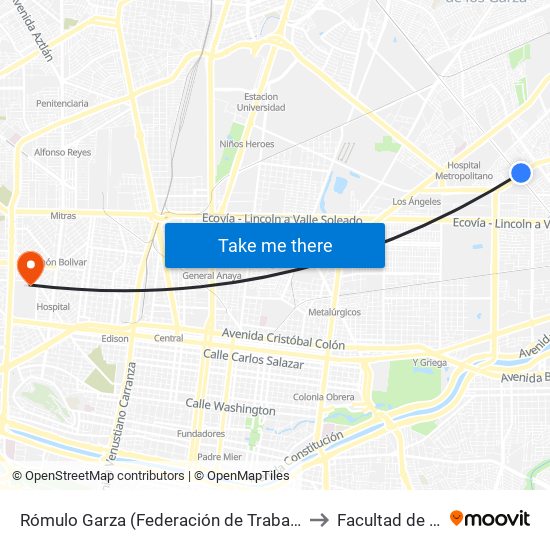 Rómulo Garza (Federación de Trabajadores de Nuevo León - Juan Pablo II) to Facultad de Psicología Uanl map