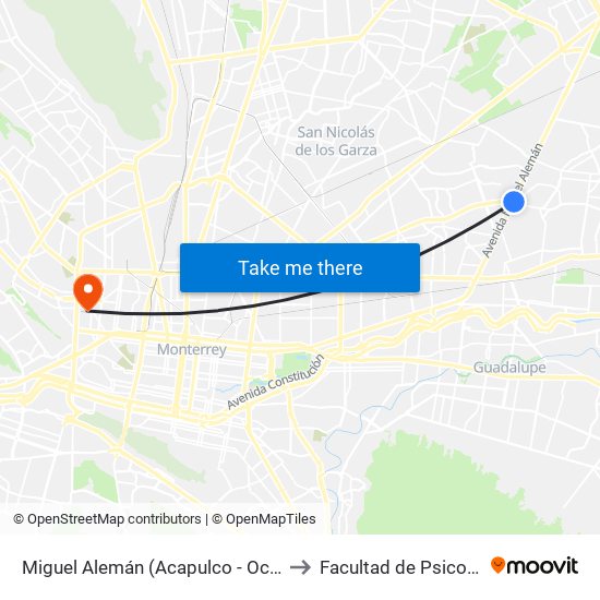 Miguel Alemán (Acapulco - Océano Pacífico) to Facultad de Psicología Uanl map