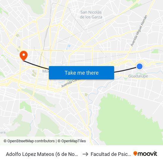 Adolfo López Mateos (6 de Noviembre - 2 de Abril) to Facultad de Psicología Uanl map