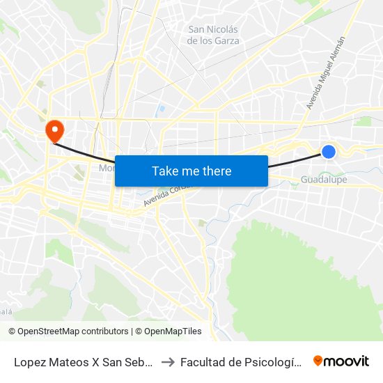 Lopez Mateos X San Sebastián to Facultad de Psicología Uanl map