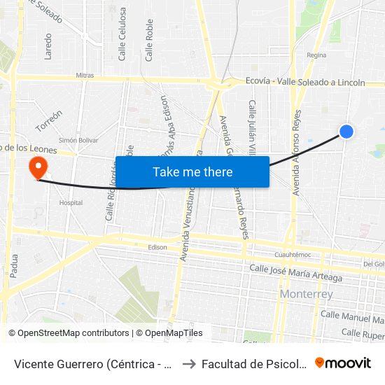 Vicente Guerrero (Céntrica - La Chimenea) to Facultad de Psicología Uanl map
