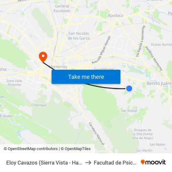 Eloy Cavazos (Sierra Vista - Hacienda San José) to Facultad de Psicología Uanl map