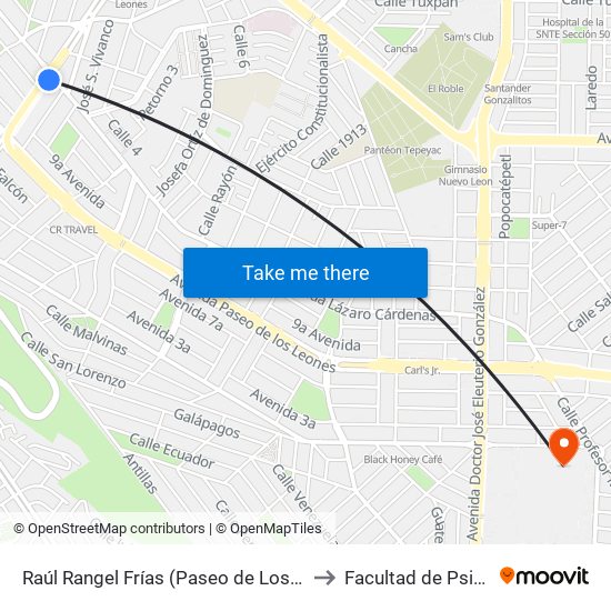 Raúl Rangel Frías (Paseo de Los Leones - Burócratas) to Facultad de Psicología Uanl map