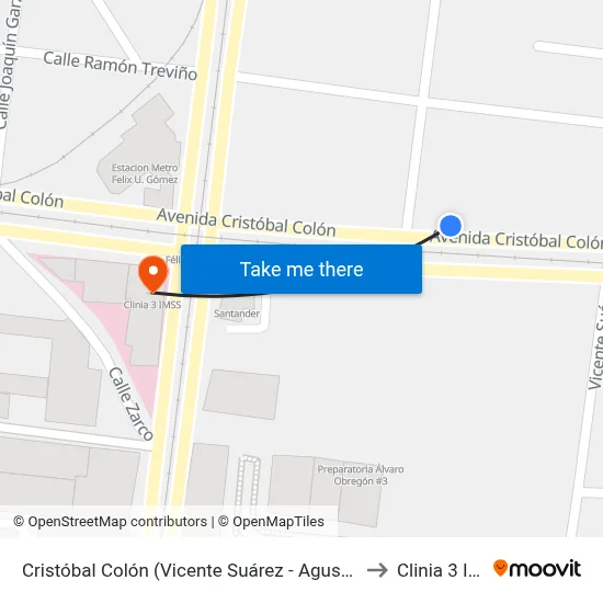 Cristóbal Colón (Vicente Suárez - Agustín Melgar) to Clinia 3 Imss map